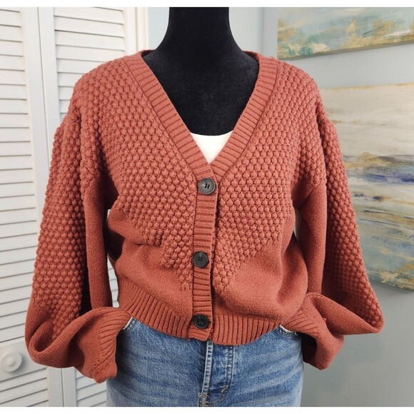 White Birch Sweater Cardigan Cropped Burnt Orange Balloon Sleeve Button Front XL - Picture 1 of 8